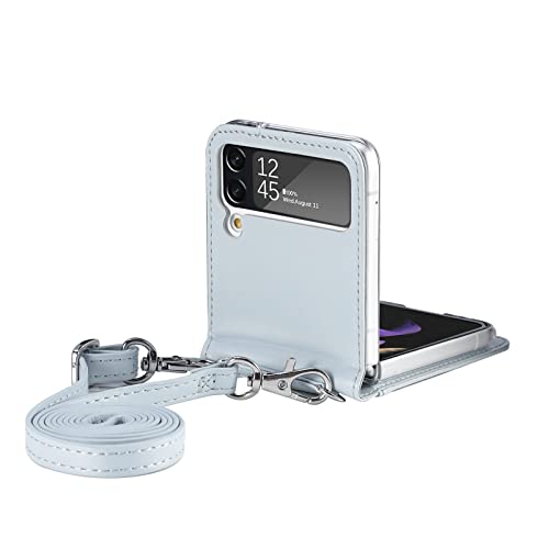 für Samsung Galaxy Z Flip 3 5G Hülle Luxus Leder Flip Handyhülle Eingebaute Kartenfächer All-Inclusive Stoßfeste Schutzhülle mit Schultergurt (Grau) von XDMEI