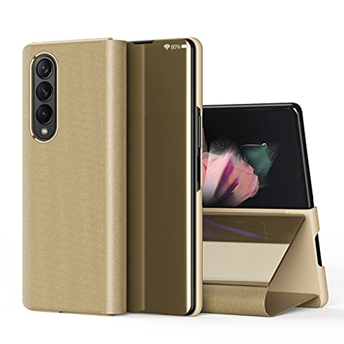 für Samsung Galaxy Z Fold 3 5G Galvanisieren Spiegel Flip Case Kunststoff Hybrid PU Leder Telefon Ständer Fall Stoßfeste Abdeckung (Gold) von XDMEI
