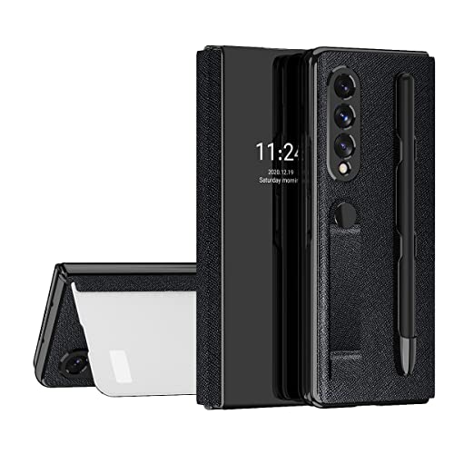 für Samsung Galaxy Z Fold 3 5G Hülle Luxus Überzug Spiegel Handyhülle PC Hybrid PU Leder Stoßfeste Schutzhülle mit S-Pen Sockel Slot Halter (Schwarz) von XDMEI