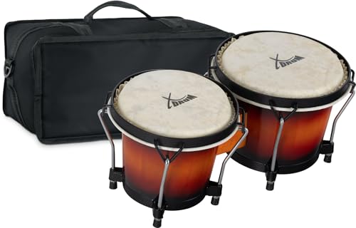 XDrum Bongos Club Set - 6" Macho und 7" Hembra - Naturfelle - professionelles Stimmsystem - Schwarz satinierte Hardware - Set inkl. gepolsterter Bongotasche aus Nylon - Vintage Sunburst von XDrum