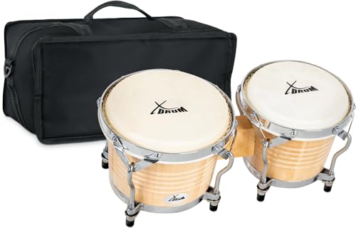 XDrum Bongos Pro Natur - 2 Trommeln mit 6,5" (17 cm) und 7,5" (20 cm) Durchmesser - Bongotrommeln mit stimmbaren Naturfellen, Stimmschlüssel und Tasche - Holztrommeln Naturfarben von XDrum