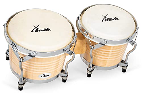 XDrum Bongos Pro Natur - 2 Trommeln mit 6,5" (17 cm) und 7,5" (20 cm) Durchmesser - Bongotrommeln mit stimmbaren Naturfellen und Stimmschlüssel - Holztrommeln Naturfarben von XDrum