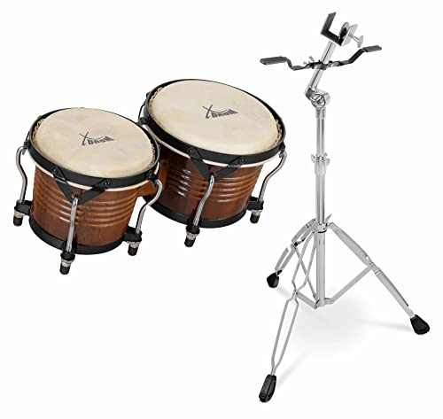 XDrum Bongos Pro Tobacco - 2 Trommeln mit 6,5" (17 cm) und 7,5" (20 cm) Durchmesser - Bongotrommeln mit stimmbaren Naturfellen, Stimmschlüssel und Ständer - Holztrommeln Braun von XDrum