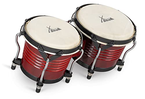 XDrum Bongos Pro Weinrot - 2 Trommeln mit 6,5" (17 cm) und 7,5" (20 cm) Durchmesser - Bongotrommeln mit stimmbaren Naturfellen und Stimmschlüssel - Holztrommeln Rot von XDrum