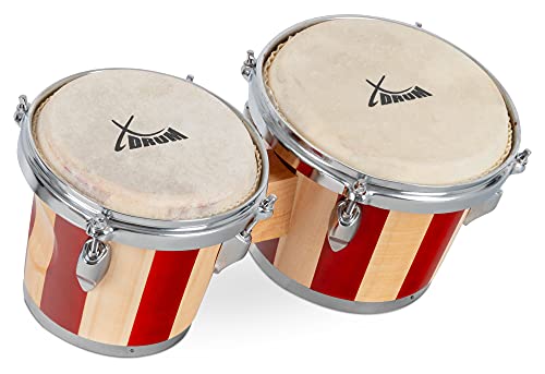 XDrum Bongos Retro - 2 Trommeln mit 16,5 cm (6,5") und 19 cm (7,5") Durchmesser - Bongotrommeln mit stimmbaren Naturfellen und Stimmschlüssel - Holztrommeln Naturfarben mit roten Streifen von XDrum