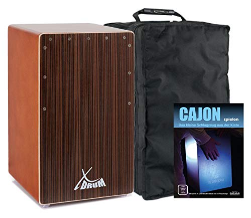 XDrum Cajon El Bajo Bass Port Cocoa Brown/Ebony Set (hochwertige Cajon mit Bass POrt, Edelholz-Furnier-Schlagflächen & fest installiertem Snare Teppich inkl. Gigbag & Cajonschule für Einsteiger) von XDrum