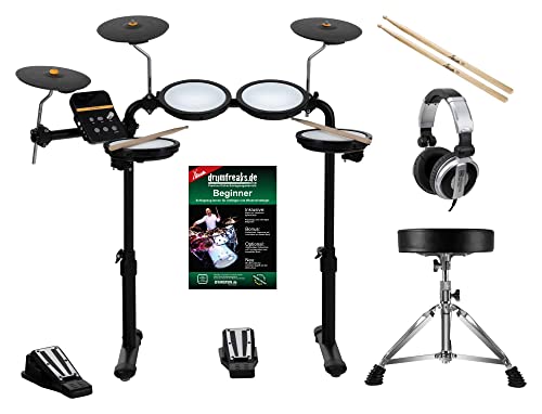 XDrum DD-250 E-Drum Set mit Mesh Heads - Elektronisches Schlagzeug mit 4 Drum Pads, 3 Becken Pads, Kick & Snare Fußcontroller, Rack & Sticks - Set inkl. Hocker, Kopfhörer, Schule und Sticks von XDrum