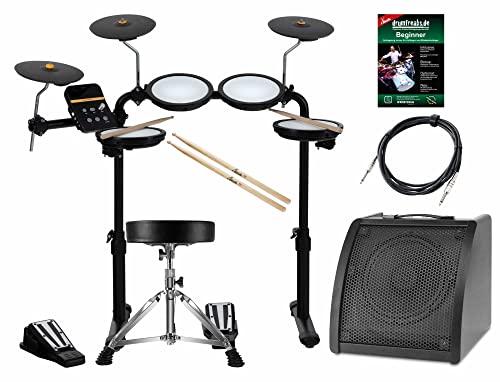 XDrum DD-250 E-Drum Set mit Mesh Heads - Elektronisches Schlagzeug mit 4 Drum Pads, 3 Becken Pads, Kick & Snare Fußcontroller, Rack & Sticks - Set inkl. Hocker, Lautsprecher, Kabel, Schule und Sticks von XDrum