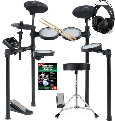 XDrum DD-460C E-Drum Kit Home Set - Kompaktes elektronisches Schlagzeug - 25 Kits und 15 Songs - Mesh Heads - Spar-Set inkl. Hocker, Kopfhörer, Sticks und Schule - Schwarz von XDrum