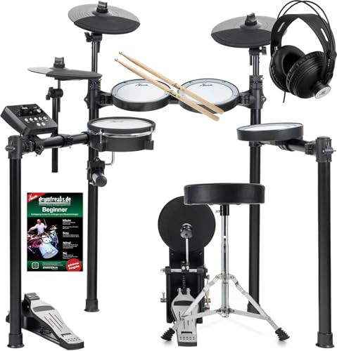 XDrum DD-460P E-Drum Kit Home Set - Kompaktes elektronisches Schlagzeug - 25 Kits und 15 Songs - Mesh Heads - Spar-Set inkl. Hocker, Kopfhörer, Sticks und Schule - Schwarz von XDrum