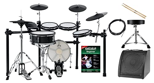 XDrum DD-650 Mesh E-Drum Kit Live Set - elektronisches Schlagzeug mit echter HiHat - 14" Snare-Pad und 14" Kick-Pad aus Holz - inklusive Rack, Hocker, Monitor, Kabel und Sticks - Black Sparkle von XDrum