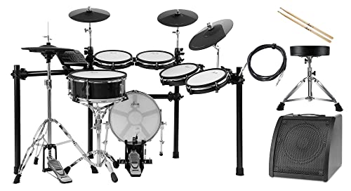 XDrum DD-650 PLUS Mesh E-Drum Kit - elektronisches Schlagzeug mit echter HiHat - 14" Snare-Pad und 14" Kick-Pad aus Holz - 720 Sounds - inkl. Rack, Hocker, Monitor, Sticks und Schule - Black Sparkle von XDrum
