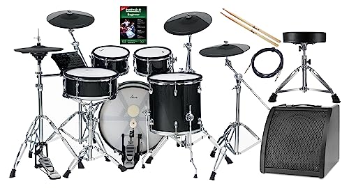 XDrum DD-670 Mesh E-Drum Kit - elektronisches Schlagzeug mit echter HiHat - Pads aus Holz mit Mesh Heads - 720 Sounds - inklusive Hardware, Hocker, Monitor, Kabel und Sticks - Black Sparkle von XDrum