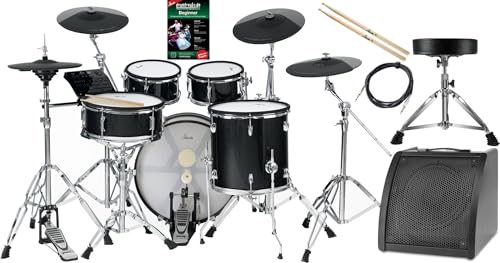 XDrum DD-670 Mesh E-Drum Kit - elektronisches Schlagzeug mit echter HiHat - Pads aus Holz mit Mesh Heads - 720 Sounds - inklusive Hardware, Hocker, Monitor, Kabel und Sticks - Black Sparkle von XDrum
