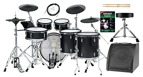 XDrum DD-670 PLUS Mesh E-Drum Kit Live Set - elektronisches Schlagzeug mit HiHat und Holzkesseln - 20" Kick-Pad - 720 Sounds - inklusive Hardware, Hocker, Monitor, Kabel und Sticks - Black Sparkle von XDrum