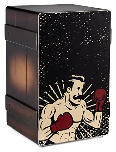 XDrum Design Series Cajon “Boxer” - Designer-Cajon mit Comic-Aufdruck - Integrierter Bass Port - Korpus aus HPL in Bananenkisten-Optik - Fest installierter Snare-Teppich von XDrum