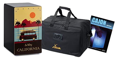 XDrum Design Series Cajon “California” - Designer-Cajon mit Kunstdruck - Integrierter Bass Port - Korpus aus HPL - Snare-Effekt - inkl. Tasche und Cajon-Schule von XDrum