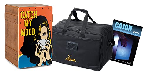 XDrum Design Series Cajon “Catch my mood” Set - Designer-Cajon mit Pop Art-Aufdruck - Integrierter Bass Port - Korpus aus HPL in Bananenkisten-Optik - Snare-Effekt - inkl. Tasche und Cajon-Schule von XDrum