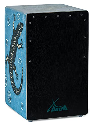 XDrum Design Series Cajon “Gecko” - Handbemalte Designer-Cajon mit Dot Art-Geckos - Integrierter Bass Port - Korpus aus HPL (High Pressure Laminate) - Fest installierter Snare-Teppich von XDrum