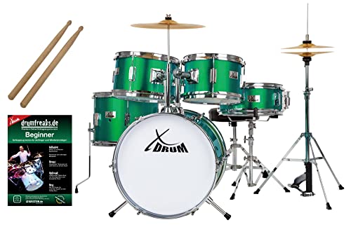 XDrum Junior Pro Kinder Schlagzeug Emerald Green Sparkle - geeignet von 5-9 Jahren - Drumset mit komplettem Zubehör - inkl. Schule - Grün von XDrum
