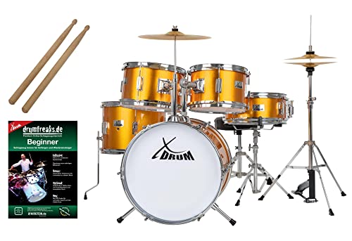 XDrum Junior Pro Kinder Schlagzeug Sunset Gold Sparkle - geeignet von 5-9 Jahren - Drumset mit komplettem Zubehör - inkl. Schule - Orange von XDrum