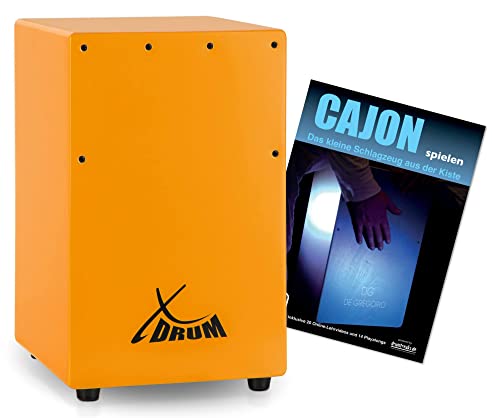 XDrum KC-37OG Kinder-Cajon Set - Kleine Cajon speziell für Kinder - Nur 36 cm hoch - Snare-Effekt durch stimmbare Gitarrensaiten - Spar-Set mit Cajon-Schule für Einsteiger - Orange von XDrum