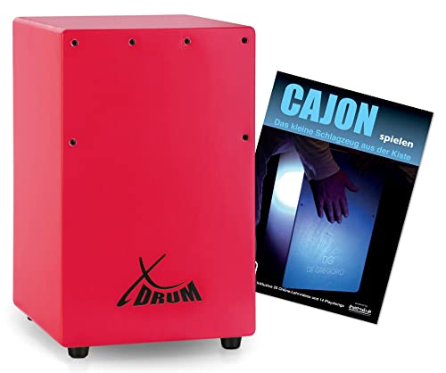 XDrum KC-37RD Kinder-Cajon Set - Kleine Cajon speziell für Kinder - Nur 36 cm hoch - Snare-Effekt durch stimmbare Gitarrensaiten - Spar-Set mit Cajon-Schule für Einsteiger - Rot von XDrum