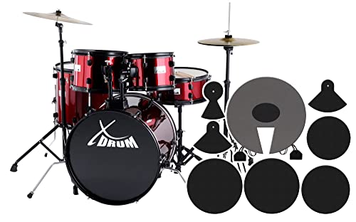 XDrum Rookie Schlagzeug Set Drumset Rot (20" BD, 10", 12", 14" TT, 14" SD, Übungsbecken bestehend aus einem Satz Hi-Hat-Becken 14" und 1 Crash-Ride-Becken 16", inkl. Schule und Schlagzeugdämpferset) von XDrum