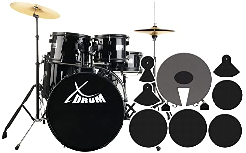 XDrum Rookie Schlagzeug Set Drumset Schwarz (20" BD, 10", 12", 14" TT, 14" SD, Übungsbecken bestehend aus einem Satz Hi-Hat-Becken 14" und 1 Crash-Ride-Becken 16", inkl. Schule & Schlagzeugdämpferset) von XDrum