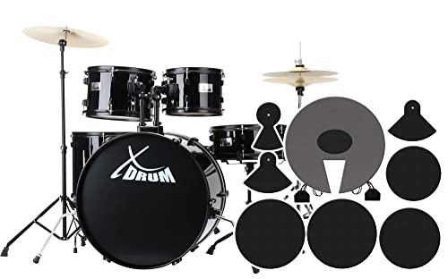 XDrum Rookie Schlagzeug Set Drumset Schwarz (22" BD, 10", 12", 14" TT, 14" SD, Übungsbecken bestehend aus Satz Hi-Hat-Becken 14", 1 Crash-Ride-Becken 16", inkl. Schule und Schlagzeugdämpferset) von XDrum