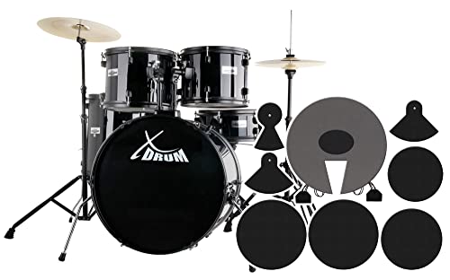 XDrum Rookie Schlagzeug Set Drumset Schwarz (22" BD, 12", 13", 16" TT, 14 SN, Übungsbecken bestehend aus einem Satz Hi-Hat-Becken 14" und 1 Crash-Ride-Becken 16", inkl. Schule & Schlagzeugdämpferset) von XDrum