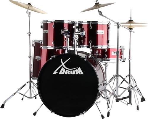 XDrum Semi 20" Studio Schlagzeug Lipstick Red - 20" BD, 10" TT, 12" TT, 14" FT, 14" SD - Set inkl. 16" Crash Becken und Galgenbeckenständer - Rot von XDrum