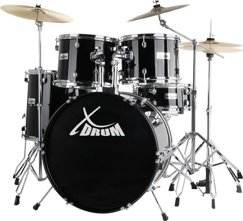 XDrum Semi 20" Studio Schlagzeug Midnight Black - 20" BD, 10" TT, 12" TT, 14" FT, 14" SD - Set inkl. 16" Crash Becken und Galgenbeckenständer - Schwarz von XDrum