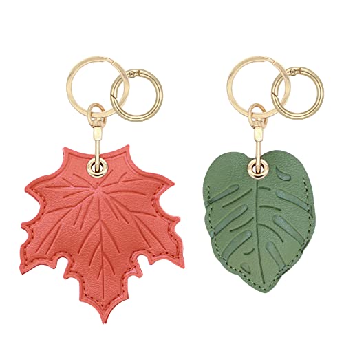 2 Stück Airtag-Leder-Schlüsselanhänger, versteckter Halter, grünes Blatt und Ahornblätter, Schlüsselanhänger für Apple Airtag für Frauen von XEEWEN