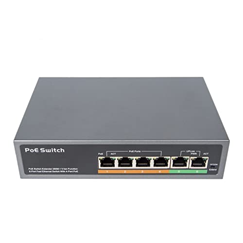 Xenocam 6-Port-PoE-Switch mit 4 Port-PoE+, 2 schnelle Ethernet-Link, 100 Mbit/s, 65 W 802.3af/at PoE, lüfterloses Plug & Play von XENOCAM