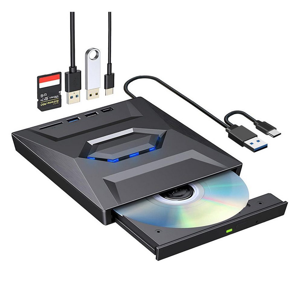 XERSEK Externes Blu Ray CD DVD Laufwerk Blu-ray-Brenner (USB 3.0 Type-C mit SD/TF Micro USB, Portable CD DVD Extern Bluray Writer Drive, für Laptop Desktop Macbook Windows 7/8/10/11 Mac OS) von XERSEK