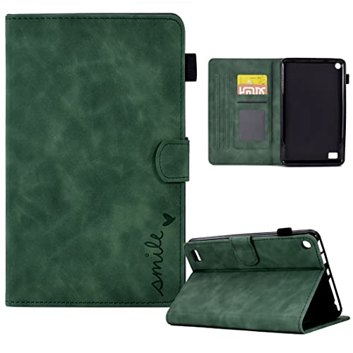 XFDSFDL® Schutzhülle für Amazon Fire 7 2019/2017/2015 (7 Zoll) PU Leder Hülle Flip Cover Lächeln Retro Muster mit Auto Aufwachen/Schlaf Ständer Brieftasche Ledertasche, Grün von XFDSFDL