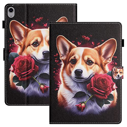 XFDSFDL® Schutzhülle für Apple iPad 10th Generation 2022 (10,9 Zoll) PU Leder Hülle Flip Cover Corgi Rosen Muster mit Ständer Taschen Case Auto Aufwachen/Schlaf Ledertasche 01 von XFDSFDL