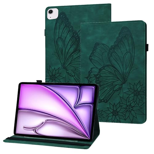 XFDSFDL® Schutzhülle für Apple iPad Air 11 2024 A2902/A2899/A2900 (11 Zoll) PU Leder Hülle Flip Cover Schmetterling Retro Muster mit Ständer Brieftasche Ledertasche Grün von XFDSFDL