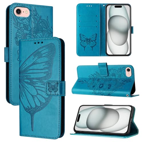 XFDSFDL® Schutzhülle für Apple iPhone SE 4 (6,1 Zoll) PU Lederhülle Flip Cover Fliegend Schmetterling Muster mit Ständer Magnetverschluss Brieftasche Handyhülle, Blau von XFDSFDL