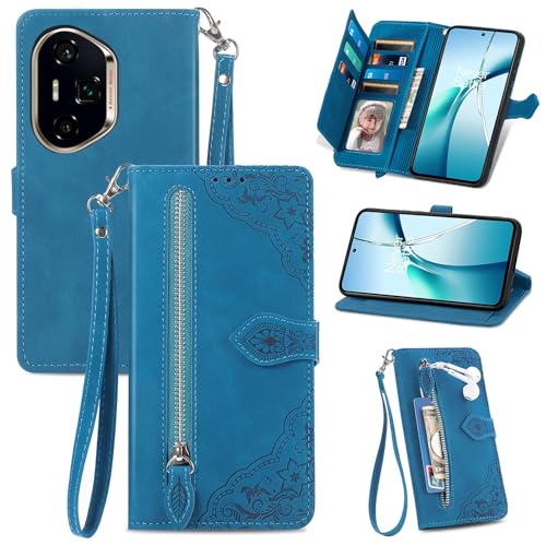 XFDSFDL® Schutzhülle für Honor 300 Ultra AMP-AN10 (6,78 Zoll) PU Lederhülle Flip Cover Prägung Muster mit Ständer Magnetverschluss Reißverschluss Brieftasche Hülle Blau von XFDSFDL