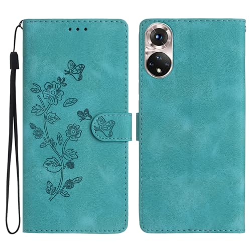 XFDSFDL® Schutzhülle für Honor 50 NTH-AN00/NX9 (6,57 Zoll) PU Lederhülle Flip Cover Blume Schmetterling Muster mit Ständer Magnetverschluss Brieftasche Handytasche Grün von XFDSFDL