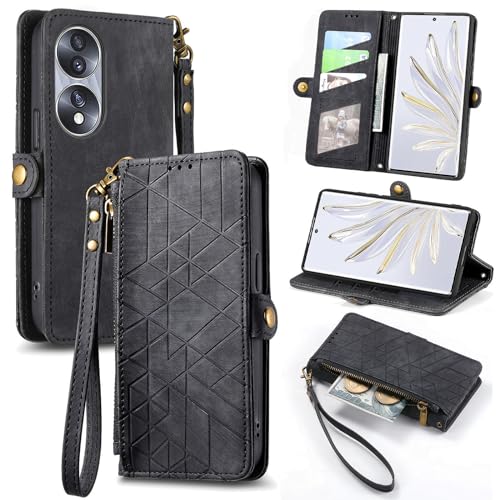 XFDSFDL® Schutzhülle für Honor 70 FNE-AN00/NX9 (6,67 Zoll) PU Lederhülle Flip Cover Linie Textur mit Ständer Magnetverschluss Reißverschluss Brieftasche Handyhülle Schwarz von XFDSFDL