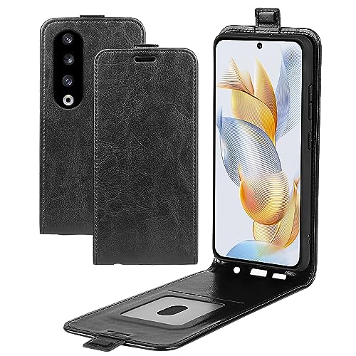 XFDSFDL® Schutzhülle für Honor 90 Pro (6,78 Zoll) Vertikal PU Lederhülle Hoch/Runter Offen Flip Case mit Magnetverschluss Taschen Kartenfächern Brieftasche Ledertasche, Schwarz von XFDSFDL