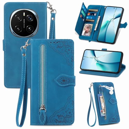 XFDSFDL® Schutzhülle für Honor Magic 7 Pro PTP-AN10/ PTP-AN70 (6,8 Zoll) PU Lederhülle Flip Cover Prägung Muster mit Ständer Magnetverschluss Reißverschluss Brieftasche Hülle Blau von XFDSFDL