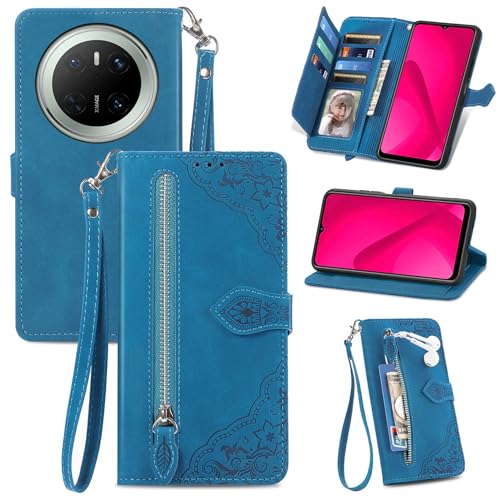 XFDSFDL® Schutzhülle für Huawei Mate 70 CLS-AL00 (6,7 Zoll) PU Lederhülle Flip Cover Prägung Muster mit Ständer Magnetverschluss Reißverschluss Brieftasche Hülle Blau von XFDSFDL