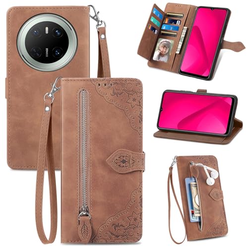 XFDSFDL® Schutzhülle für Huawei Mate 70 CLS-AL00 (6,7 Zoll) PU Lederhülle Flip Cover Prägung Muster mit Ständer Magnetverschluss Reißverschluss Brieftasche Hülle Braun von XFDSFDL
