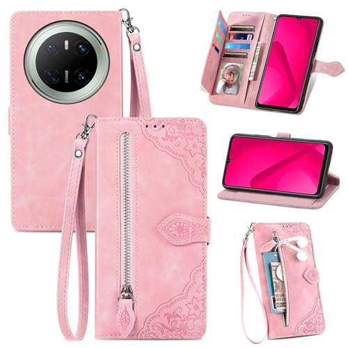 XFDSFDL® Schutzhülle für Huawei Mate 70 CLS-AL00 (6,7 Zoll) PU Lederhülle Flip Cover Prägung Muster mit Ständer Magnetverschluss Reißverschluss Brieftasche Hülle Rosa von XFDSFDL