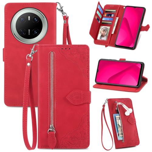 XFDSFDL® Schutzhülle für Huawei Mate 70 CLS-AL00 (6,7 Zoll) PU Lederhülle Flip Cover Prägung Muster mit Ständer Magnetverschluss Reißverschluss Brieftasche Hülle Rot von XFDSFDL