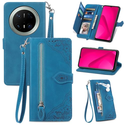 XFDSFDL® Schutzhülle für Huawei Mate 70 Pro PLR-AL00 (6,9 Zoll) PU Lederhülle Flip Cover Prägung Muster mit Ständer Magnetverschluss Reißverschluss Brieftasche Hülle Blau von XFDSFDL